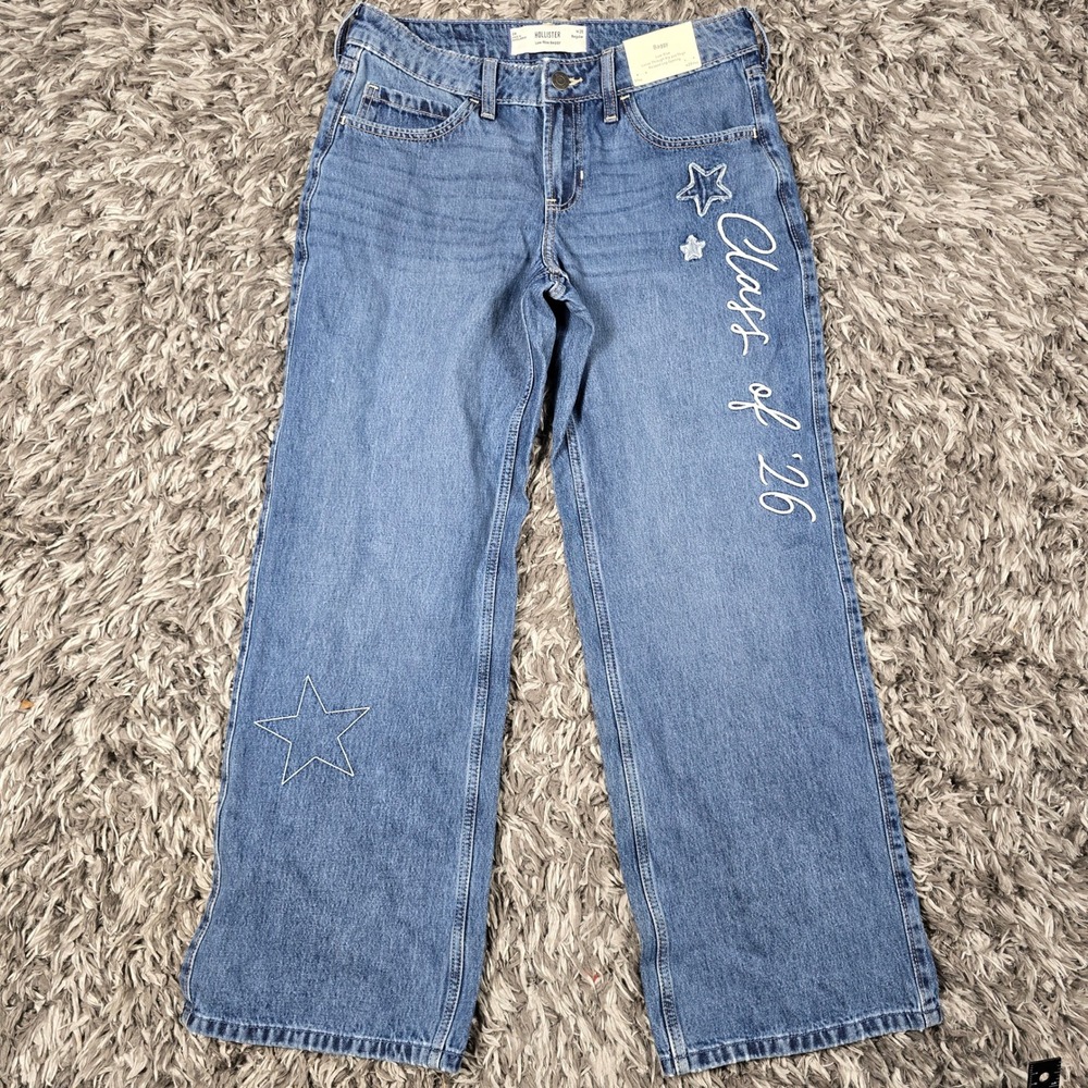Hollister Low-Rise Baggy Jeans Blue Class of 26 Star Embroidered W28 6R NEW